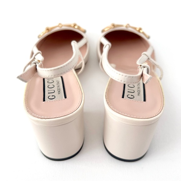 GUCCI || Lady Horsebit White Leather Slingback Closed Toe Block Heel Pumps 7.5 - Picture 8 of 14